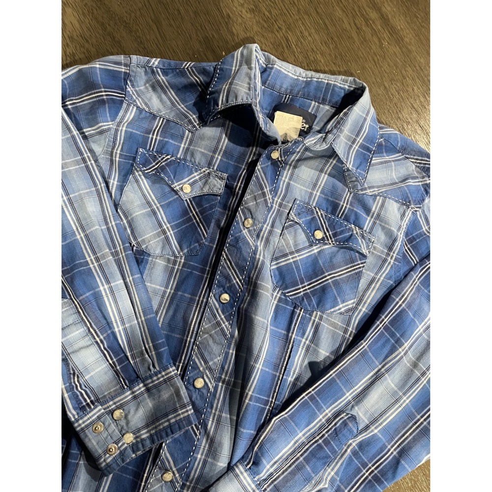 Wrangler Boys Size L 10-12 Blue Plaid Western Snap Shirt Long Sleeve Pearl Snap